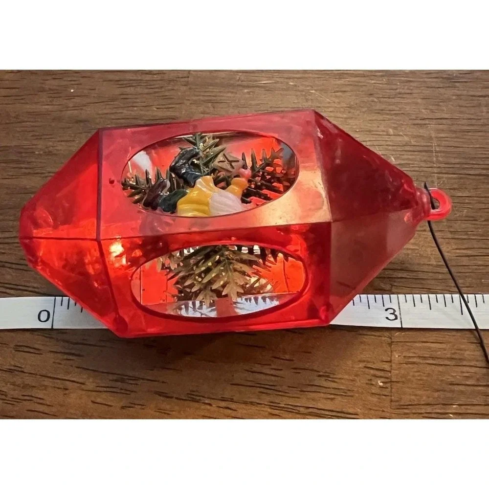Vtg 1970s Jewel Brite Diorama Christmas Ornament Red Hexagon Lantern Gnome MCM